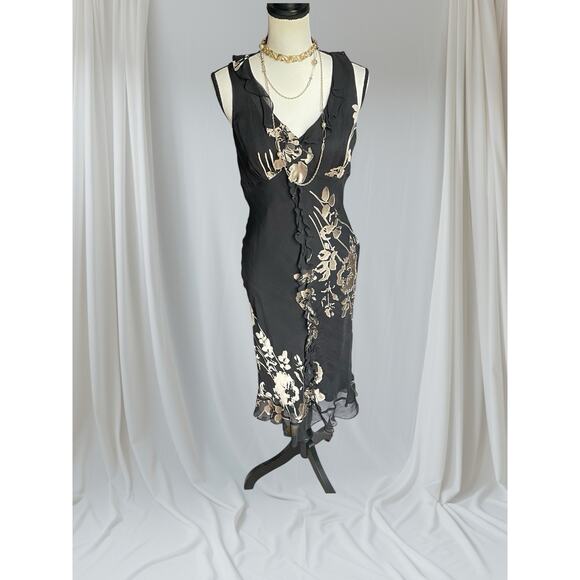 Sue Wong Womens Silk BurnedOut Midi Slip Black Tan dress 90s Y2K Vintage 12 L 10 - Picture 2 of 15